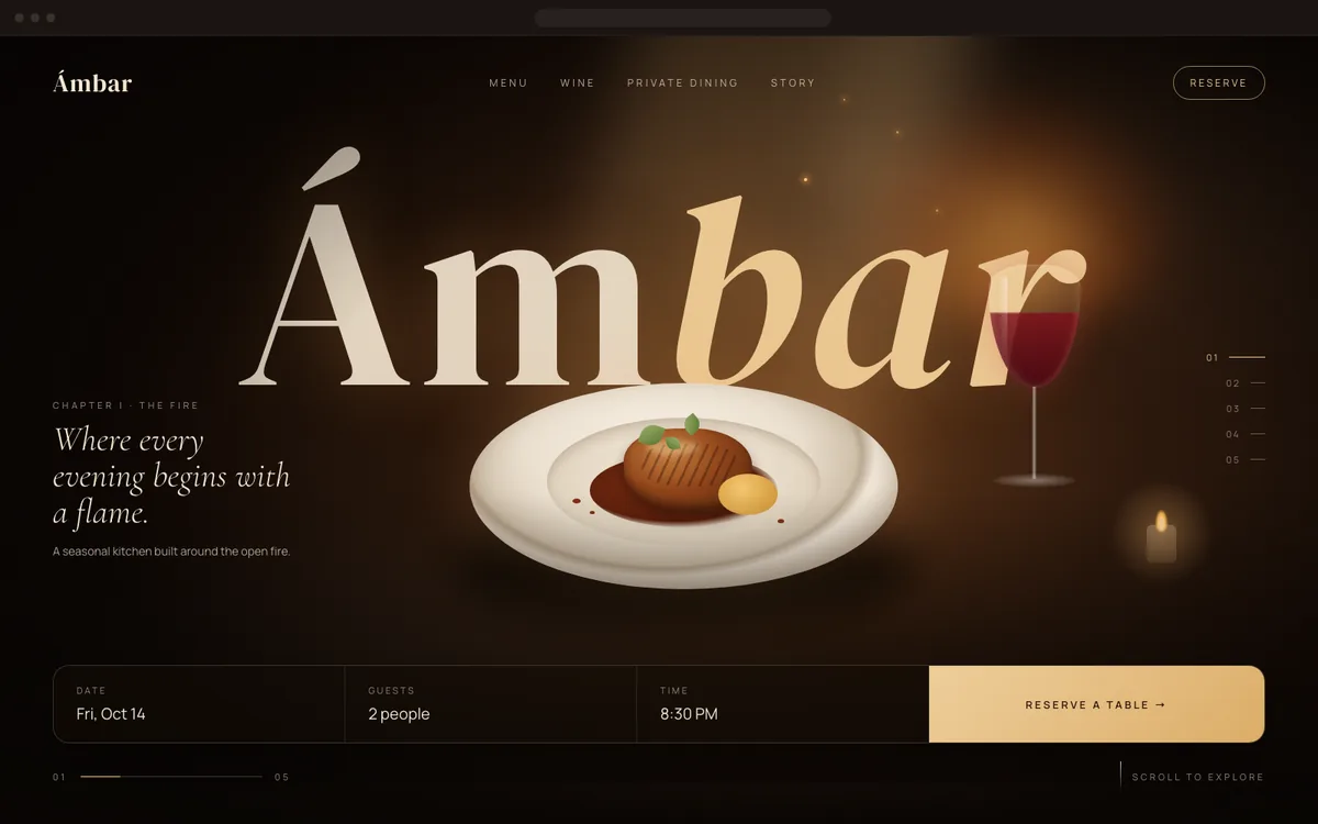 Conceptual Premium Business website for Ámbar, a fictional restaurant: a warm, cinematic homepage with a plated dish and a table reservation bar.