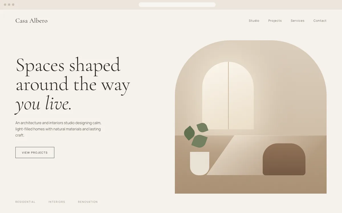 Conceptual Starter website for Casa Albero, a fictional architecture studio: a calm homepage with a serif headline and an arched interior illustration.